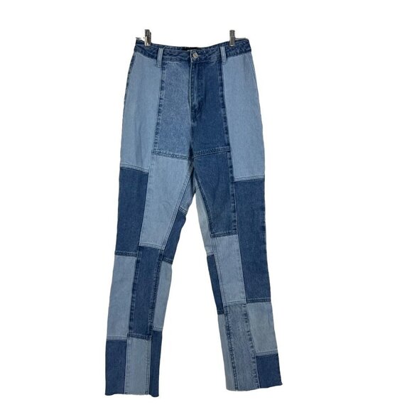 𝅺missguided Patchwork Straight Leg Blue Jeans Denim High Rise Raw Hems size 4 - Picture 1 of 10